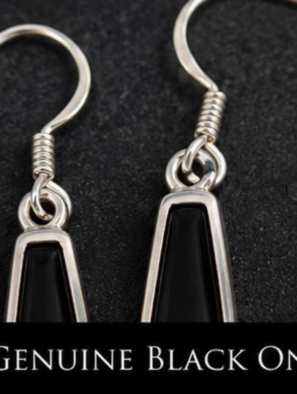 Vintage 925 Sterling Silver Genuine Black Onyx Dangle Earrings Minimalist - Picture 7 of 9